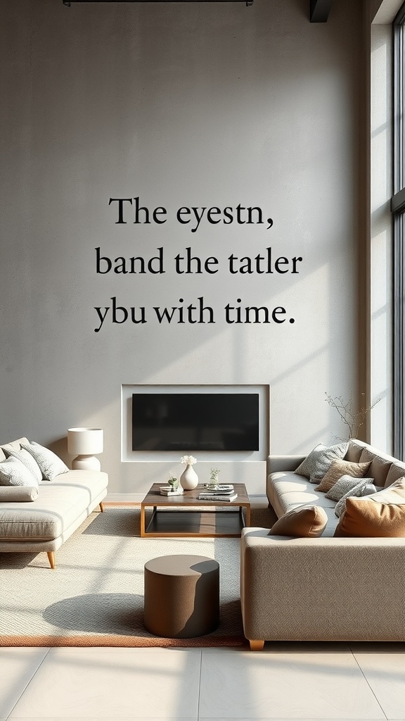 A modern living room with neutral tones and velvet accents