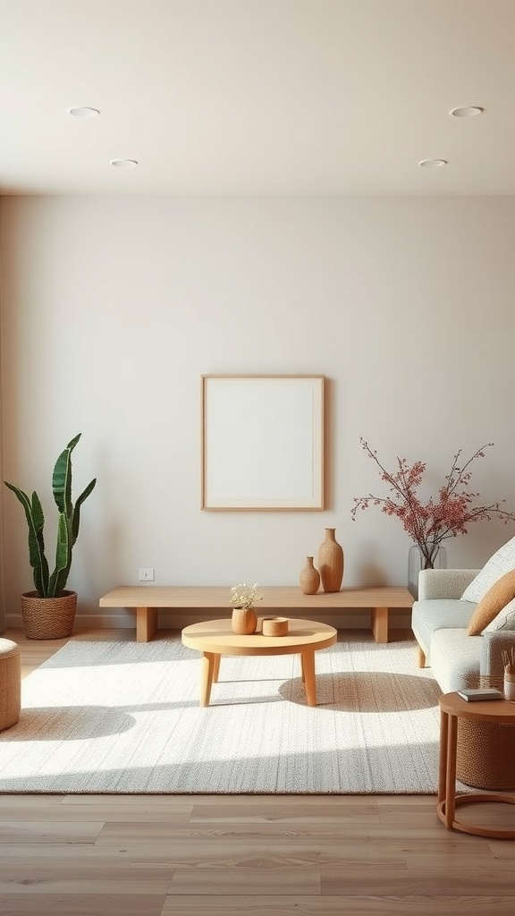 A serene living room with neutral tones, featuring wooden furniture, plants, and a cozy atmosphere.