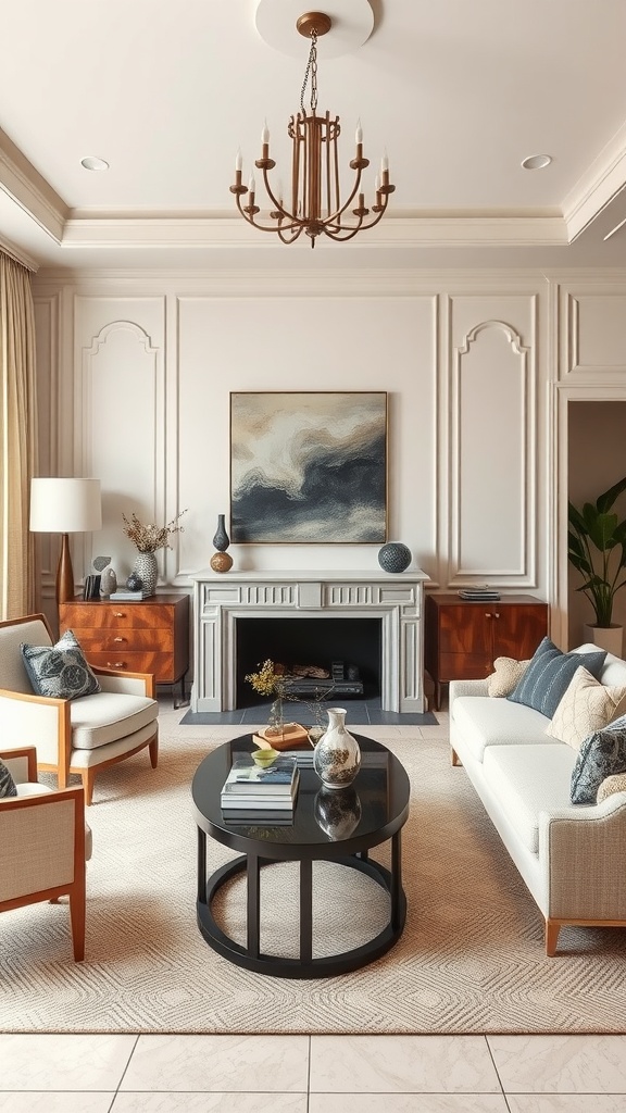 A stylish living room featuring neutral tones with an Art Deco and contemporary blend, showcasing elegant furniture and decorative accents.