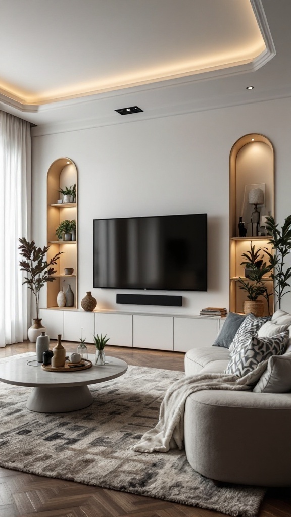 Living room with modern luxury TV wall design featuring niche display areas on either side of the TV.