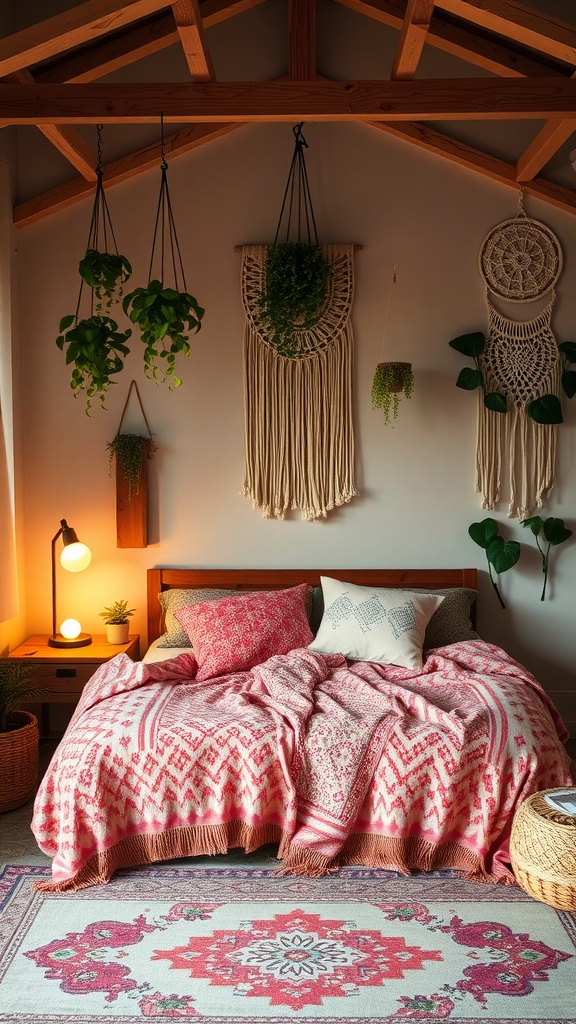 A cozy Boho style bedroom featuring a wooden bed, colorful blankets, hanging plants, and warm lighting.