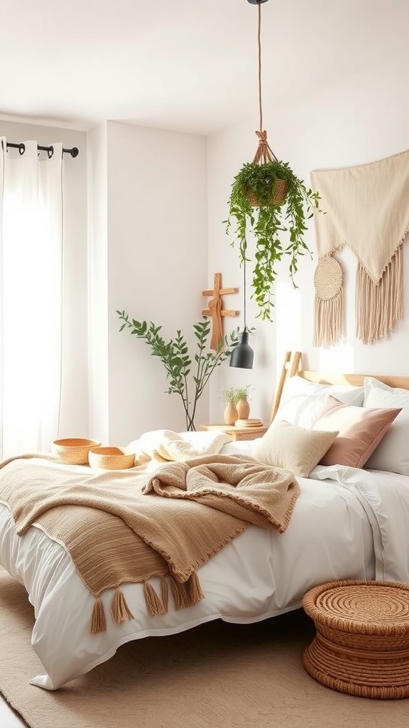 A cozy bedroom with neutral tones, featuring a bed with beige and white bedding, a hanging plant, and natural decor.