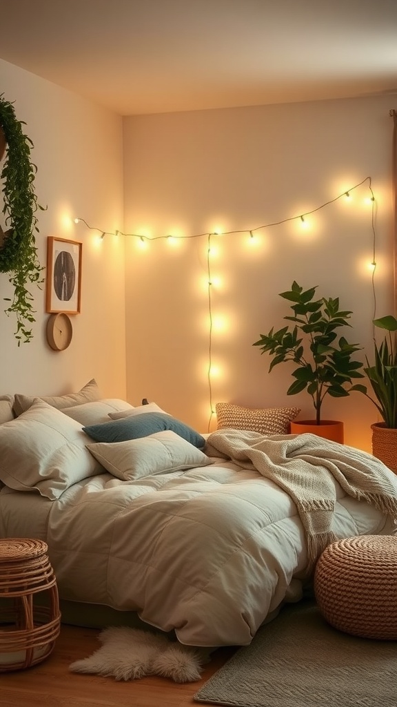 Cozy bedroom with warm string lights, a plush bed with cushions, and potted plants