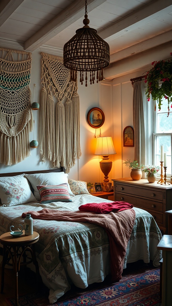 A cozy boho bedroom featuring layered textiles, macramé wall hangings, and warm lighting.