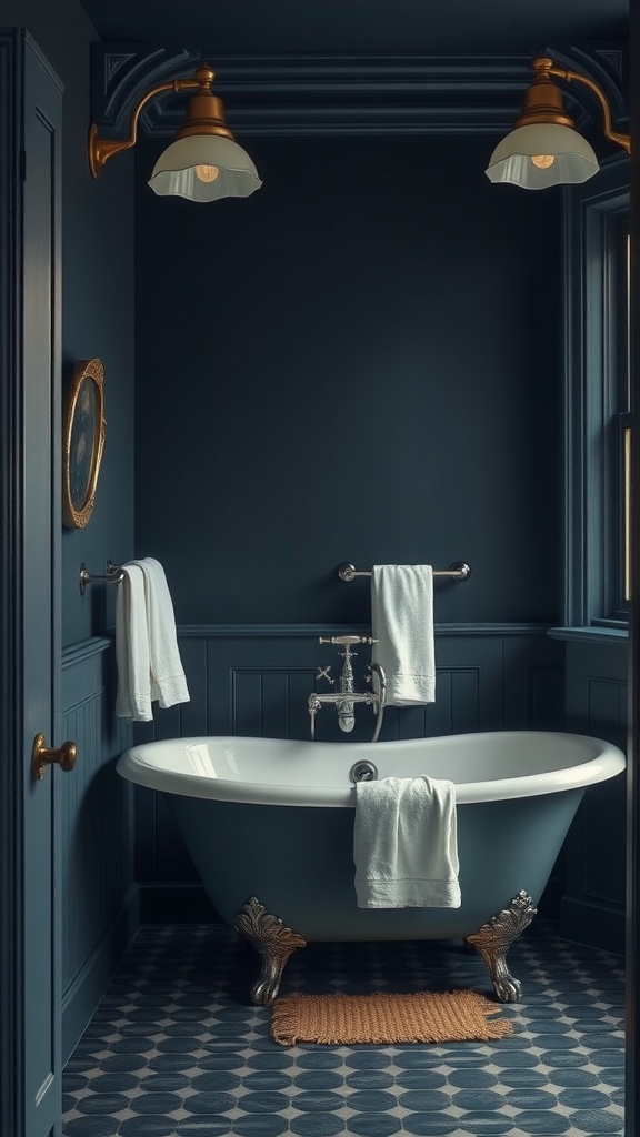 A vintage bathroom with navy blue walls, a freestanding bathtub, and brass fixtures.