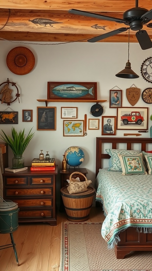 A rustic bedroom featuring travel-themed decor, including framed photos, maps, and a globe.