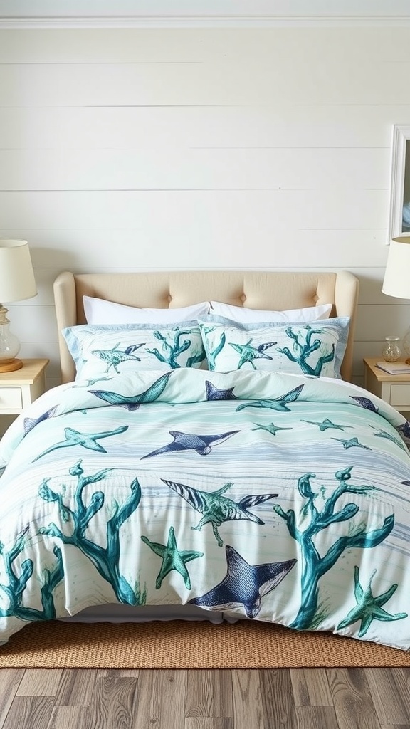 Ocean-inspired bedding set featuring sea stars and coral designs.