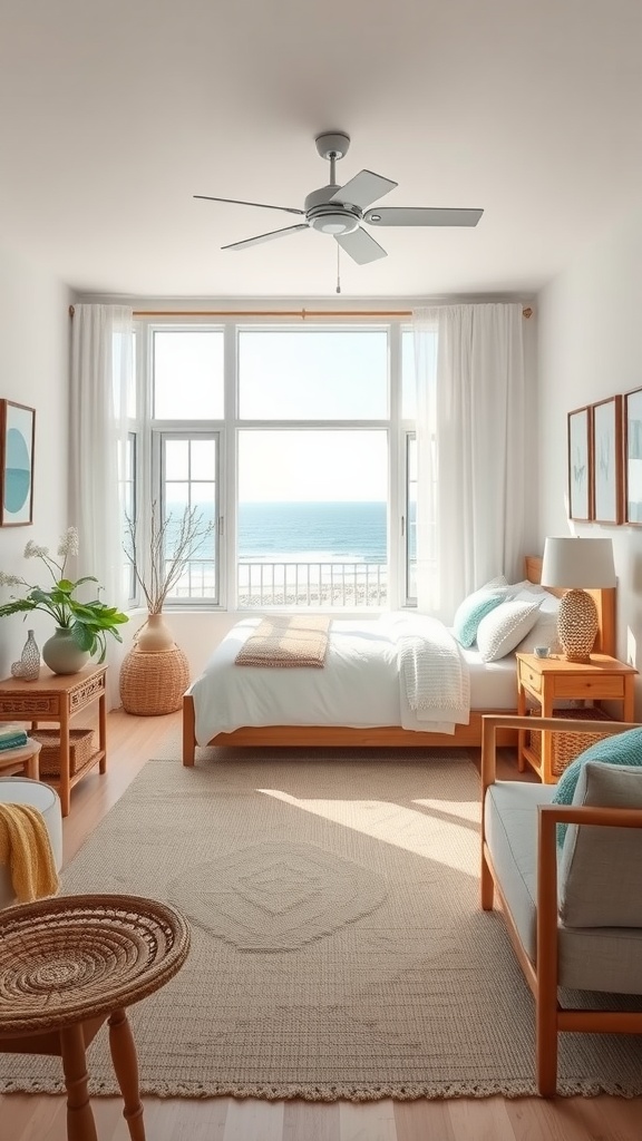 A bright coastal bedroom with ocean views, featuring wooden furniture, light linens, and a woven rug.