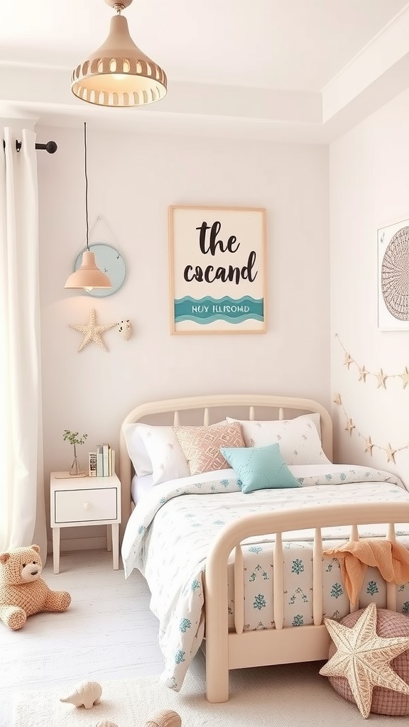 A cozy boho style bedroom for toddlers, featuring soft colors, ocean-themed decor, and a comfortable bed.