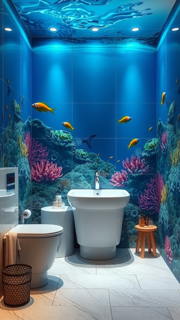A bathroom with a 3D coral reef mural, featuring colorful fish and modern fixtures.