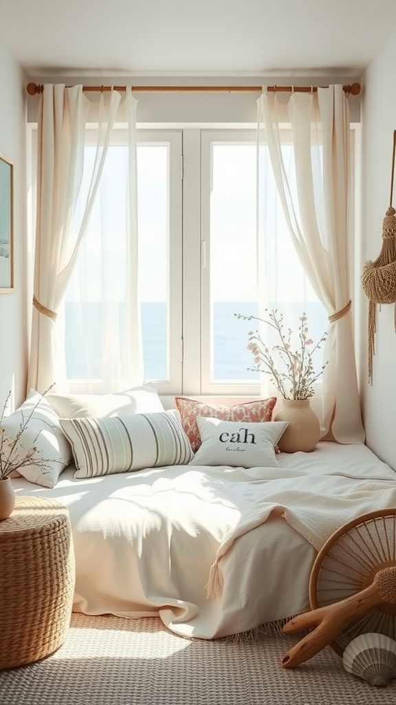 A cozy bedroom alcove with a view of the ocean, featuring soft bedding, decorative pillows, and natural decor.