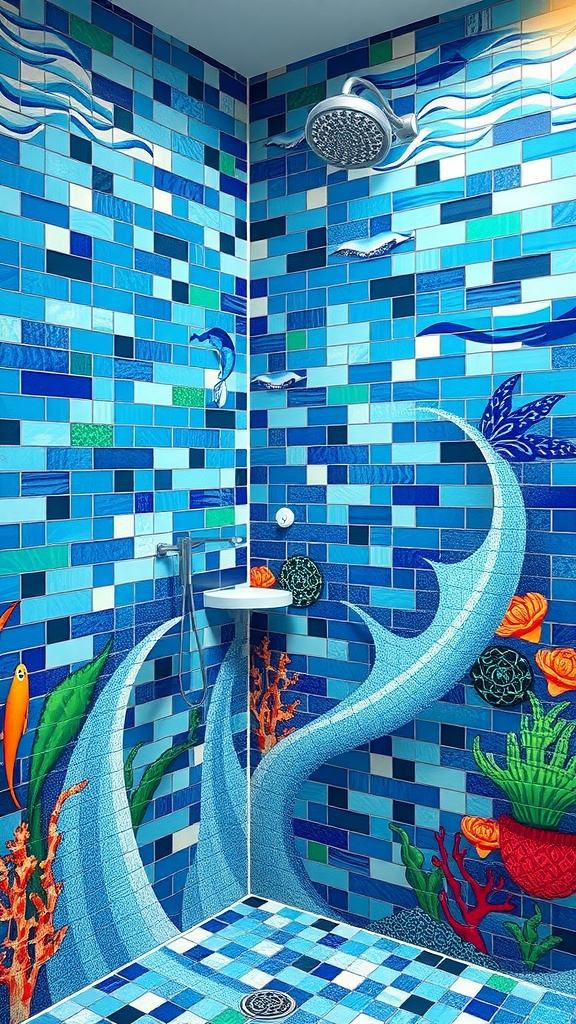 A beautifully tiled bathroom featuring ocean-themed mosaic artwork, including waves, fish, and coral.