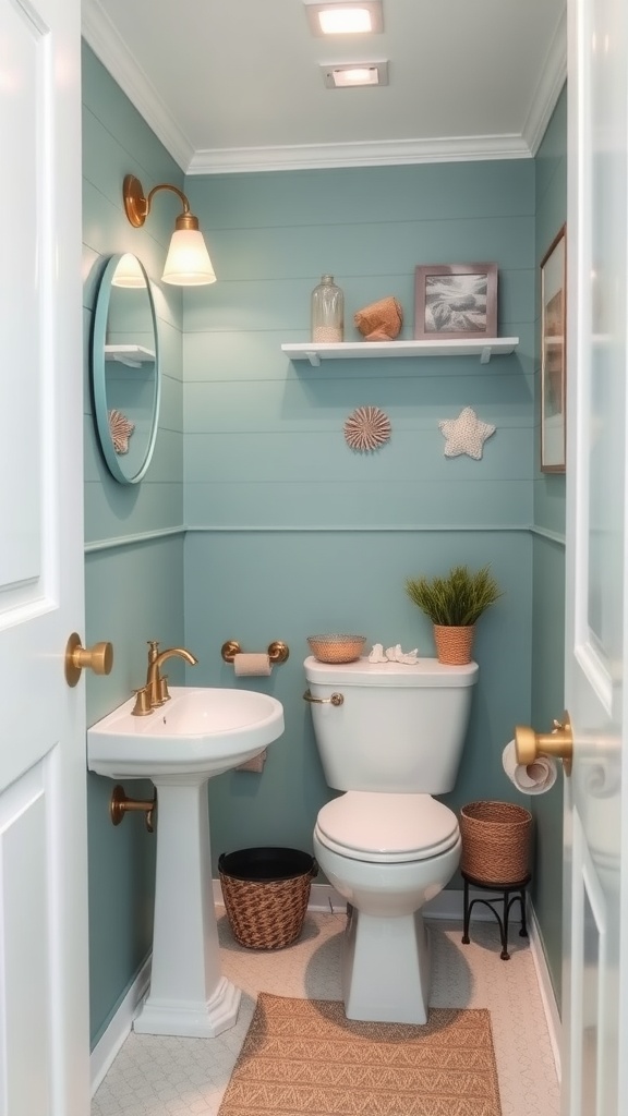 A small bathroom painted in oceanic teal with white accents, featuring coastal decorations.