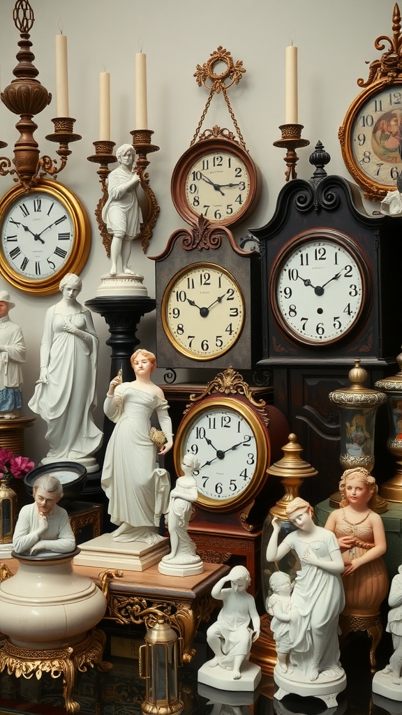 A collection of vintage clocks, figurines, and candle holders showcasing old-world elegance.