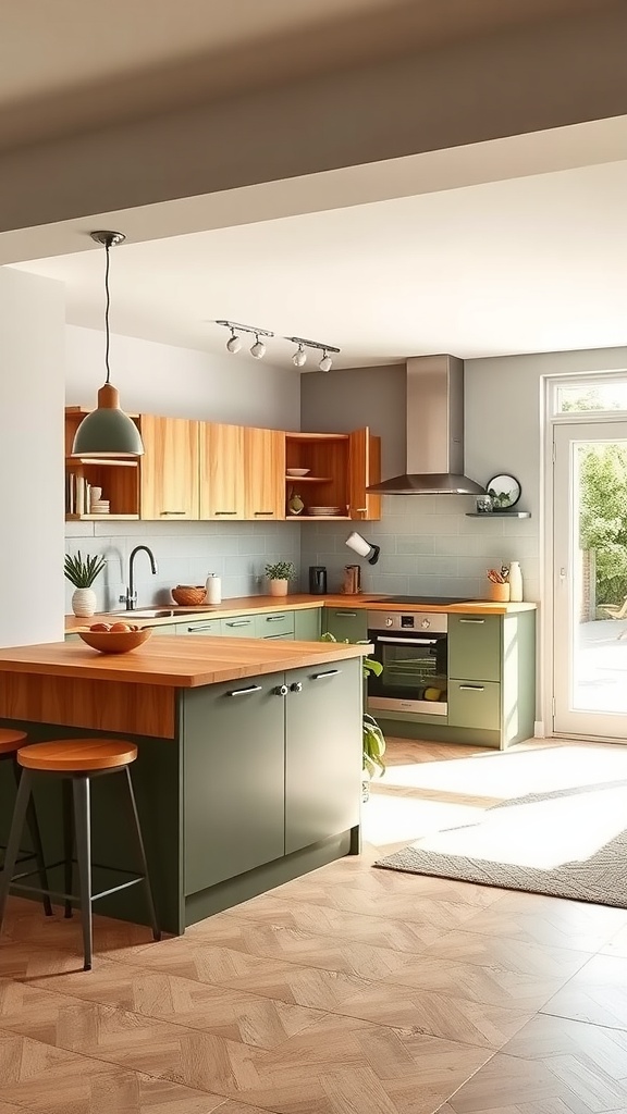 Olive green U-shaped kitchen featuring wooden accents and modern appliances.