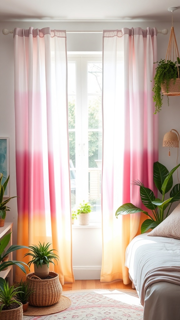 Ombre dip-dye curtains in a boho themed bedroom, featuring a gradient from light pink to orange.