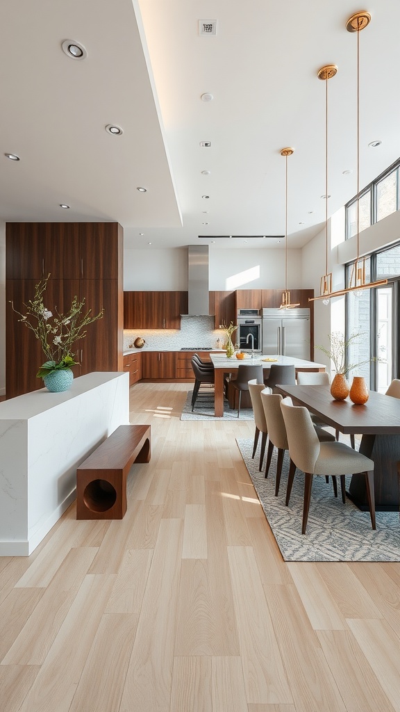 A bright open-concept dining and kitchen area featuring modern design elements, wooden accents, and a cozy dining setup.