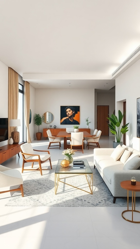 A bright and stylish living room dining room combo with modern furniture, a large window, and plants.