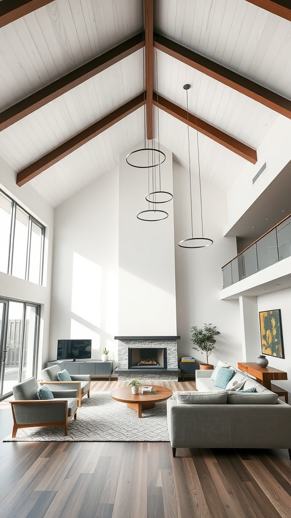 A spacious living room with vaulted ceilings, featuring modern hanging light fixtures, large windows, and a cozy arrangement of furniture.