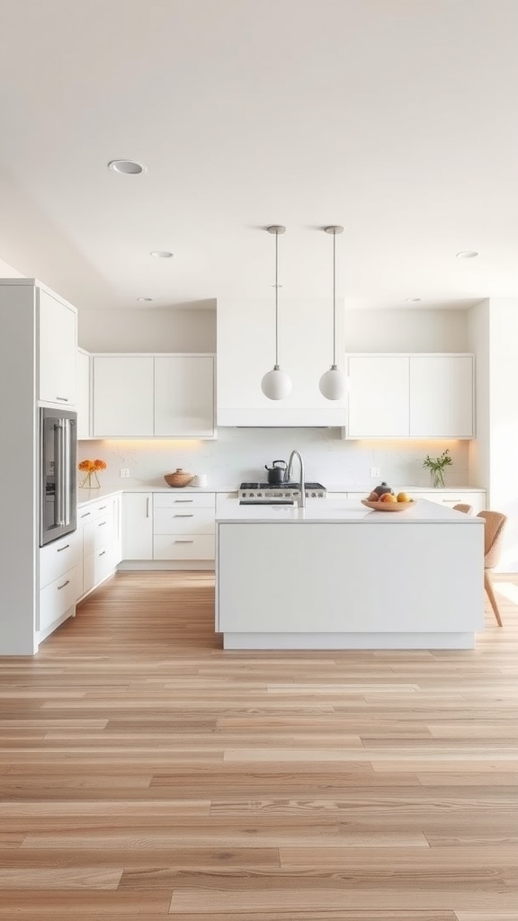 Modern farmhouse kitchen with white cabinets and wooden flooring