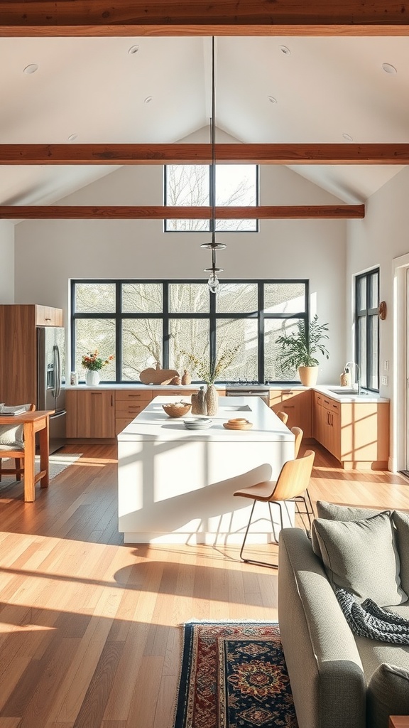 A bright open concept rustic modern kitchen with high ceilings, wooden beams, and a sleek white island.