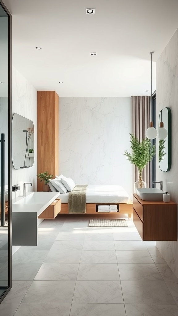 A modern open concept bathroom with a seamless connection to a sleeping area, featuring natural light and minimalist design.