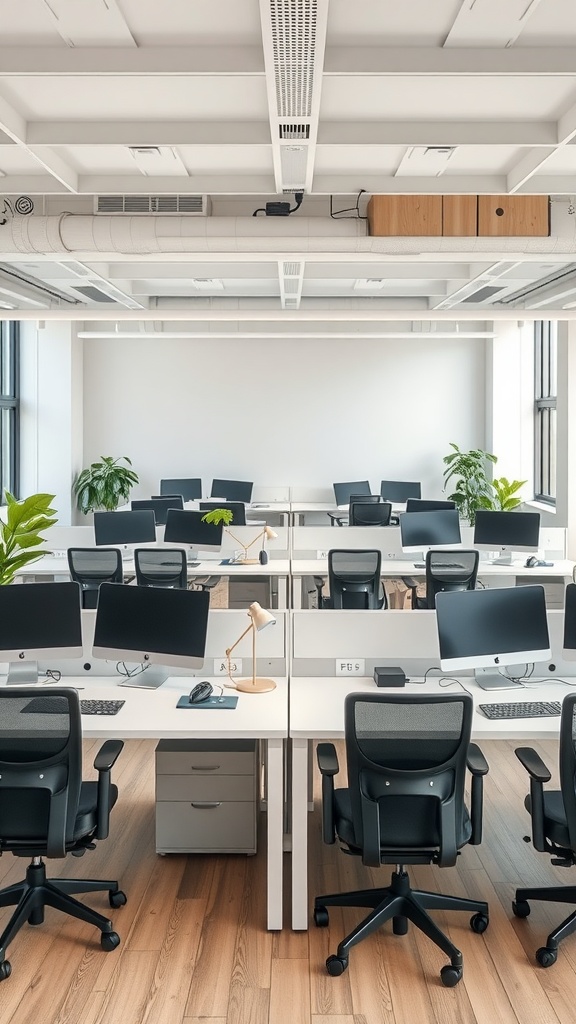 Open concept office with modern desks, computers, and plants