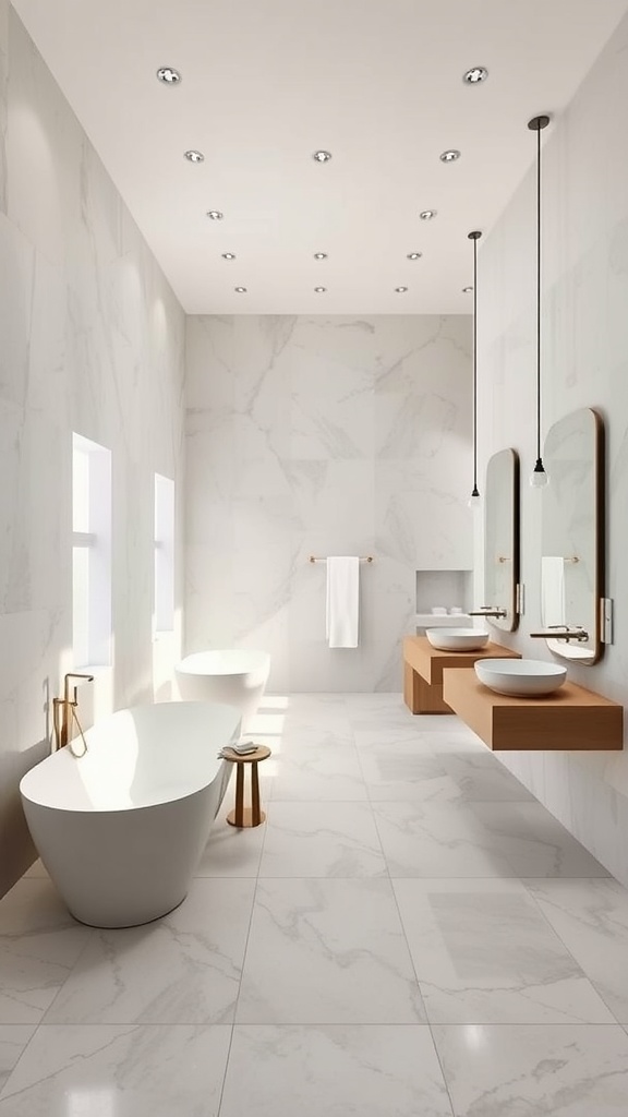 A spacious bathroom featuring an open layout with freestanding fixtures, including a stylish bathtub and modern sinks, designed with light marble walls and a wooden vanity.