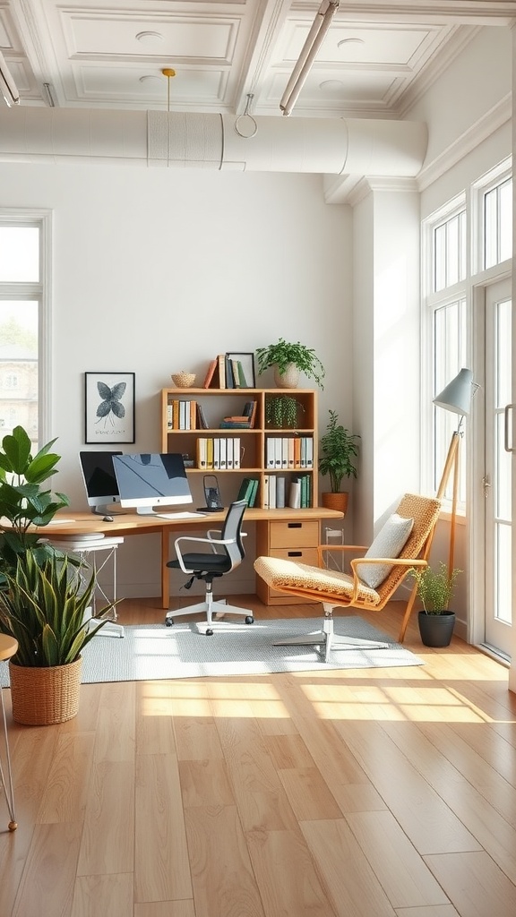 An open concept office with a desk, computer, bookshelves, plants, and a cozy chair.