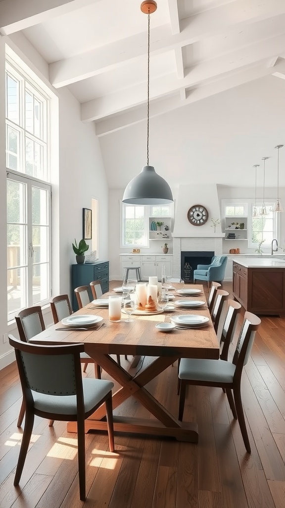 Modern farmhouse dining room with a wooden table and blue and white chairs in an open concept space.