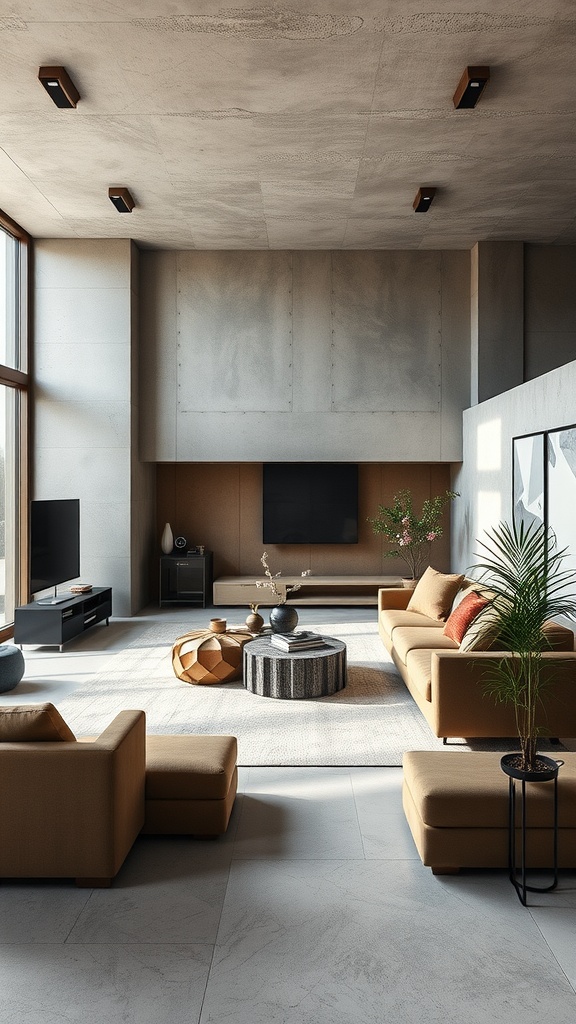 A modern living room with a blend of concrete walls and velvet furniture, showcasing an open concept design with defined seating areas.