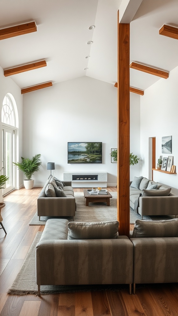 A modern living room with rustic accents, featuring a wooden beam, large windows, and cozy seating.