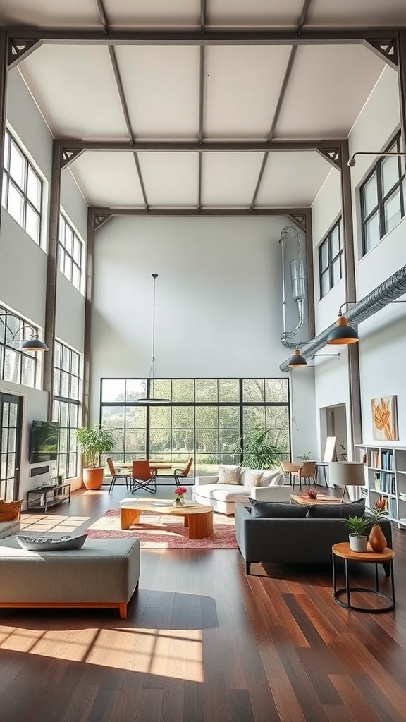 A spacious industrial living room with high ceilings and large windows, featuring modern furniture and a warm color palette.