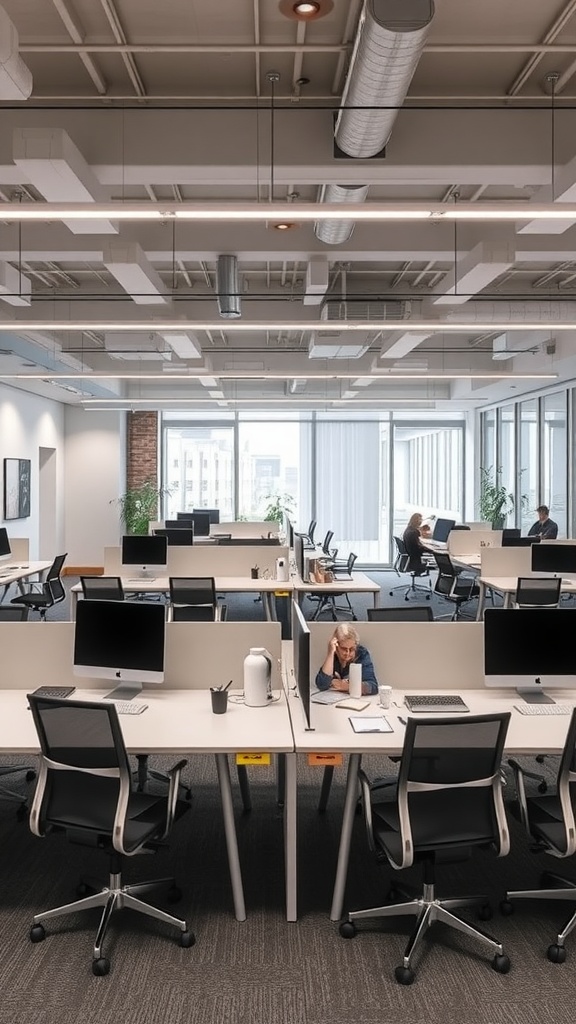 An open plan office with multiple workstations, large windows, and plants.