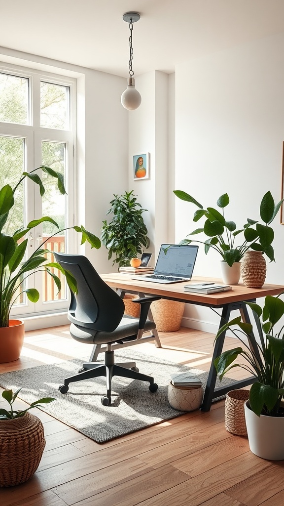 A bright open plan home office featuring a wooden desk, comfortable chair, and various indoor plants.
