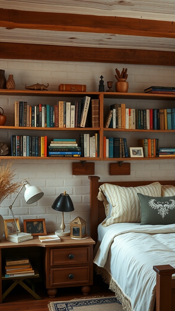 Rustic bedroom with open shelf storage displaying books and decorative items.