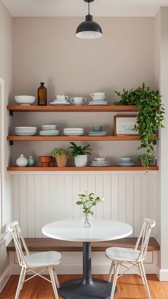 A small dining nook with round table, two chairs, and open shelving above filled with dishes and plants.