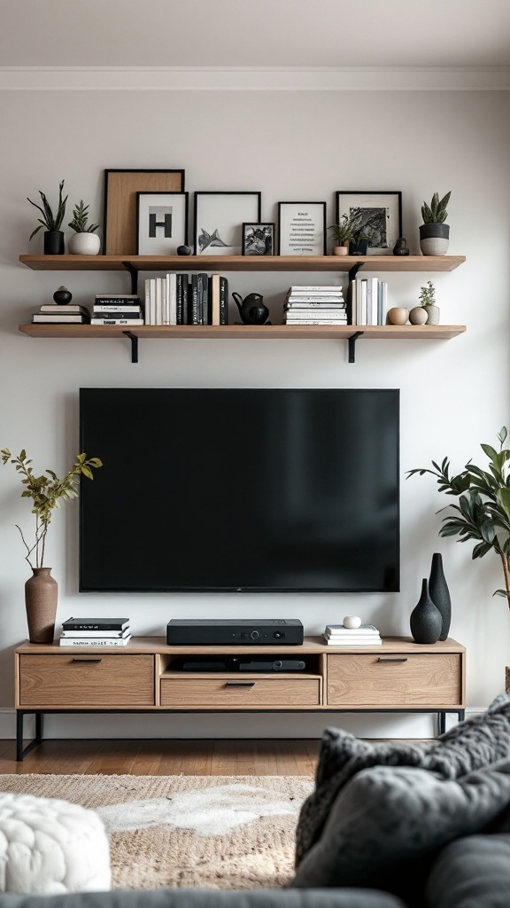 Modern luxury living room with open shelving above a TV, featuring plants and decorative items