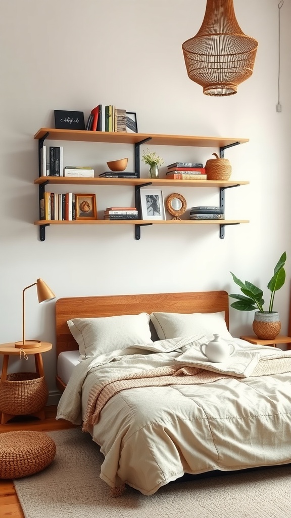 A cozy bedroom featuring open wooden shelving displaying books, plants, and decorative items, with a warm color palette.