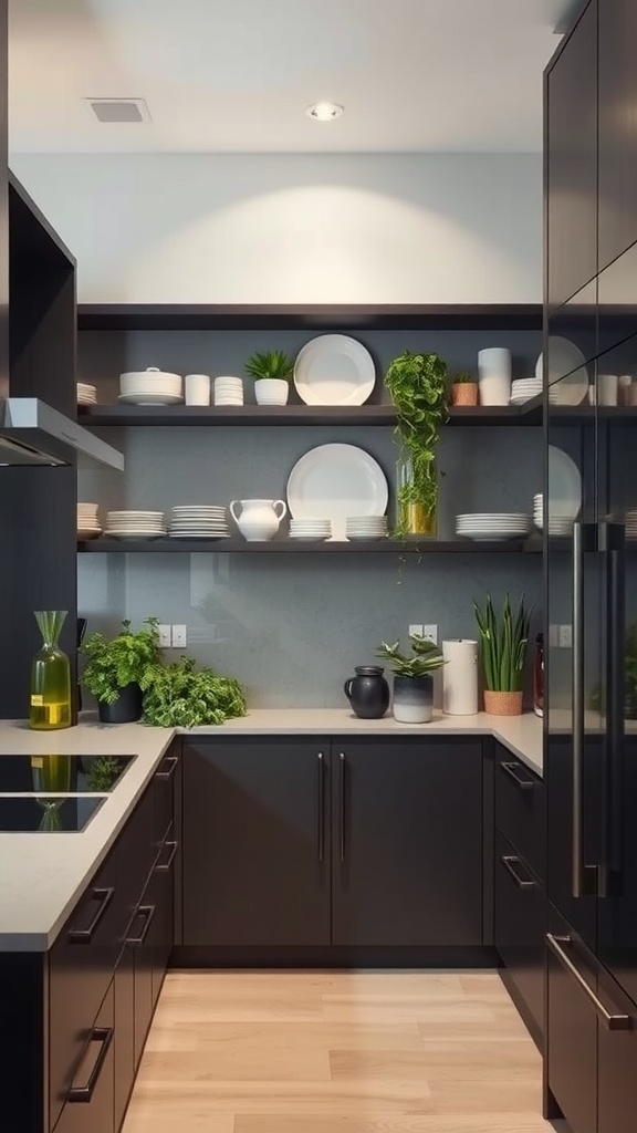 A modern kitchen featuring open shelving with dishes and plants, highlighting a sleek design.