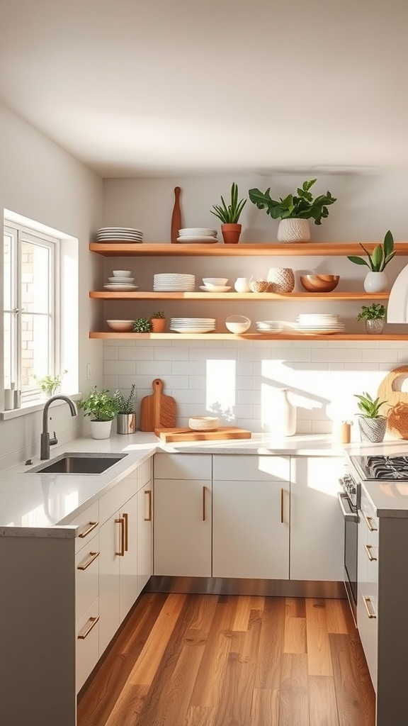 Bright U-shaped kitchen featuring open shelving with dishes and plants.