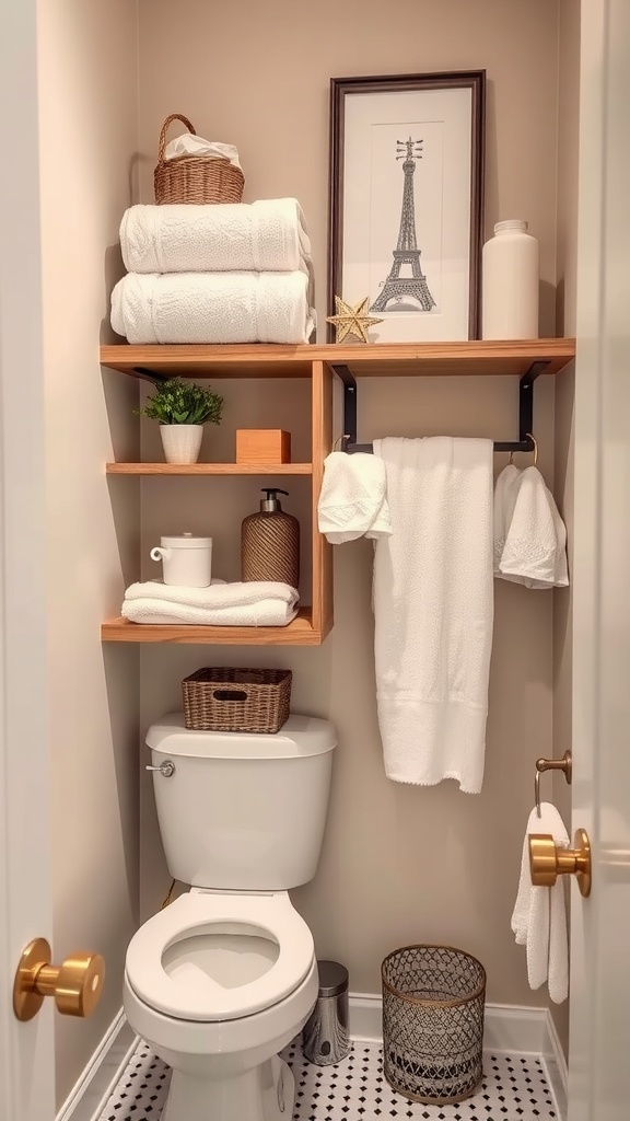 Small bathroom with open shelving displaying neatly arranged towels and decor.