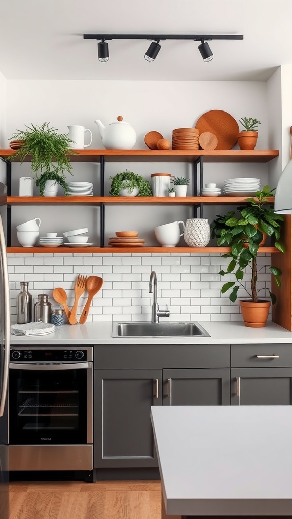 Kitchen with open shelving displaying white dishware, wooden platters, and green plants.