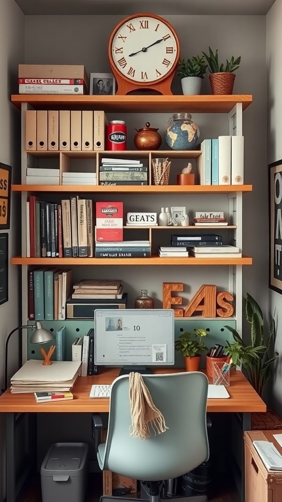 A cozy tiny home office with open shelving displaying books, decor, and plants.