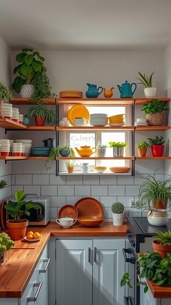 Bright kitchen with open shelving displaying colorful dishes and green plants.