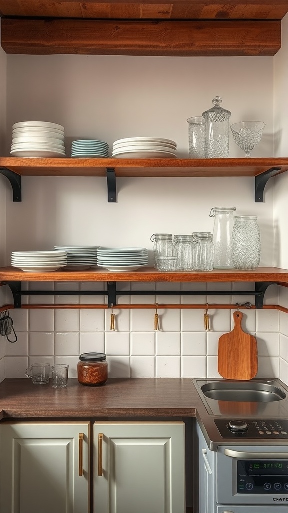 Open shelving in a small kitchen with plates, glasses, and jars neatly organized.