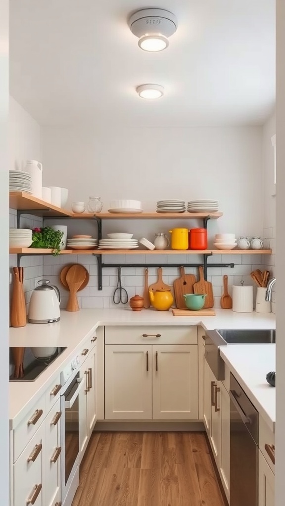 A tidy tiny kitchen featuring open shelving with plates and colorful pots on display.