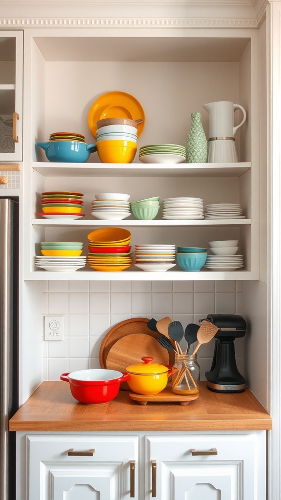 Open shelving in a small kitchen displaying colorful dishes and utensils