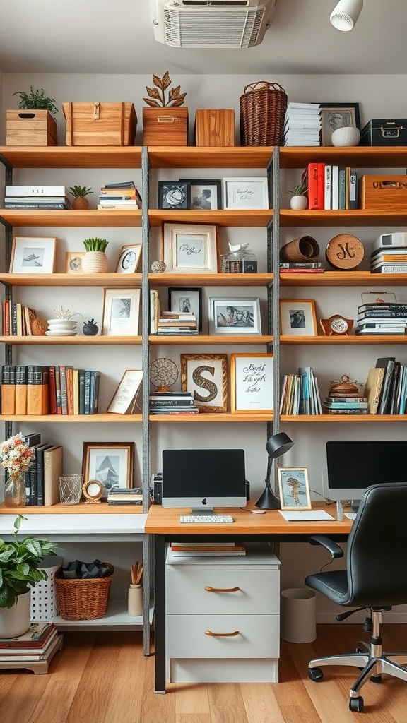 A well-organized small office with open shelving displaying books, decor, and a workspace.