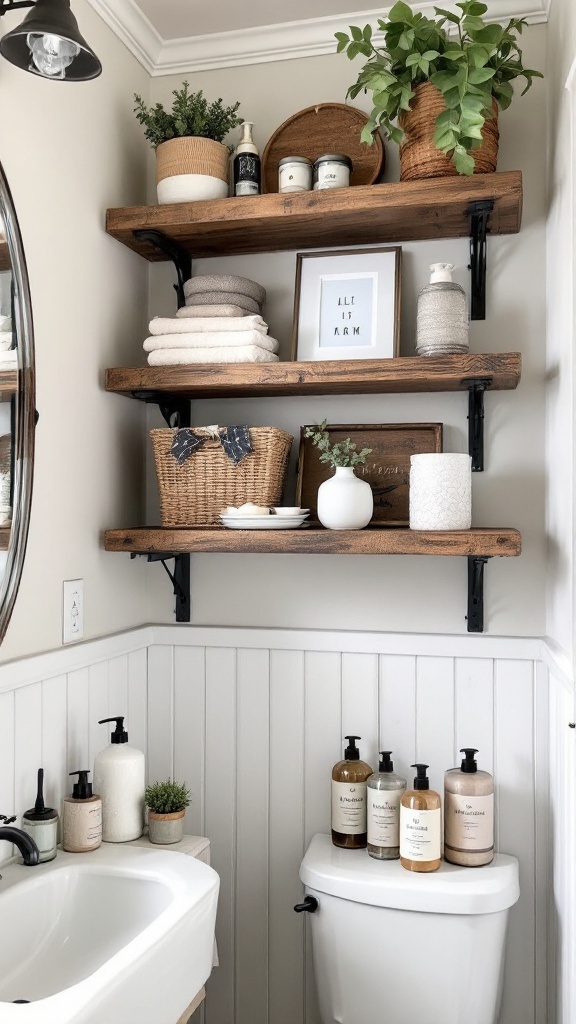 Open shelving in a farmhouse bathroom showcasing neatly arranged toiletries and decorative items.